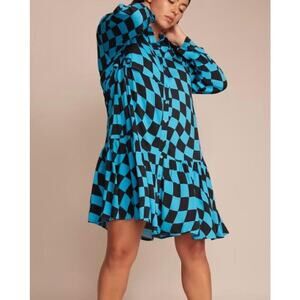 11 Honoré Blue Black Optical Illusion Check Dress Women’s 22 Tiered Shirt Dress